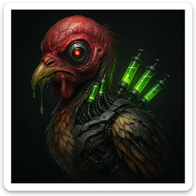 bio-engineered mutant chicken emoji hyperrealistic style, pulsating red head with veins, single bulging cyborg eye, deformed beak dripping green slime, half feathers and half exposed machinery body, glowing growth hormone injections in neck, dark sci-fi with neon green highlights sticker