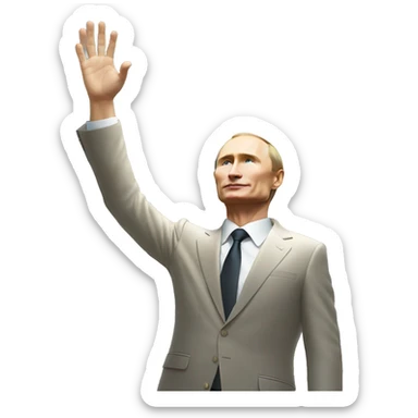 Putin stands with his right hand raised towards the sun sticker