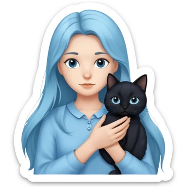 A long-haired girl in light blue clothes holding a black cat sticker