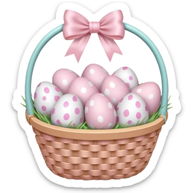 white basket full of light pink easter eggs with a light pink bow sticker