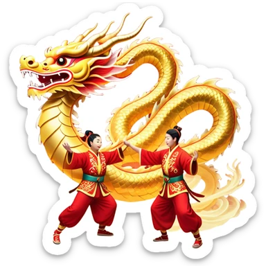 Cinematic Realistic scene of a Chinese Dragon Dance featuring performers energetically holding a vibrant dragon model aloft, with intricately detailed scales and dynamic flowing costumes, illuminated by festive red and gold lighting that captures the spirit of celebration. sticker