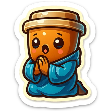 Tall coffee cup, bowing on knees, praying, worship, wearing soft blue monk robes sticker