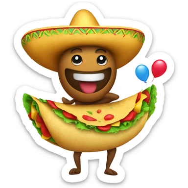 Smiling taco wearing a sombrero and holding balloons sticker