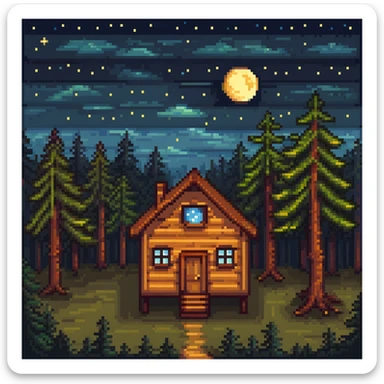 wooden house in a pine forest at night with stars in the sky sticker