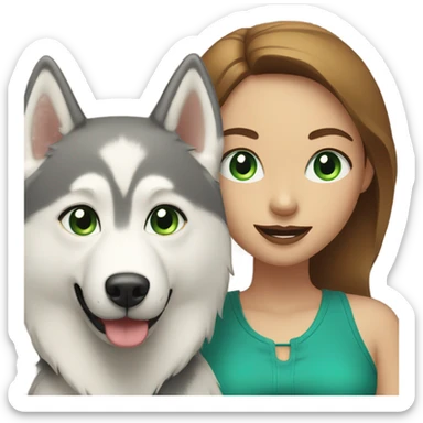 White Woman hair brown and bleus eyes and golden Husky With green eyes sticker