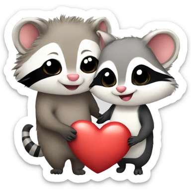Opossum and raccoon cute couple love with heart sticker