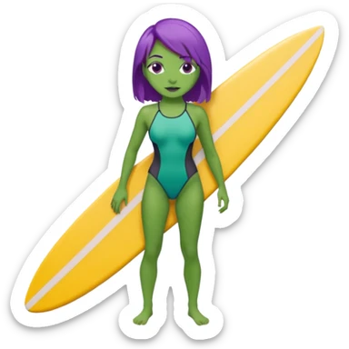 purple hair green skin woman with surfboard sticker