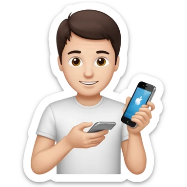 make a white guy with dark brown hair, with a simple white o grey shirt, repairing an iphone, un tecnico happy sticker