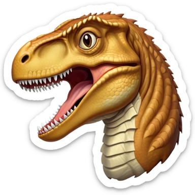 Cinematic Realistic Cute Yawning velociraptor/T-rex Portrait Emoji, Head tilted slightly with a dramatic, wide-open yawn, showcasing a massive, rugged scaled hide with subtly drooping features and half-closed, drowsy eyes rendered in authentic prehistoric detail, high shine, relaxed yet expressive, styled with a dash of ancient charm, soft glowing outline, capturing the essence of a sleepy yet affectionate velociraptor/T-rex that appears ready to stretch out and settle into a timeless nap! sticker