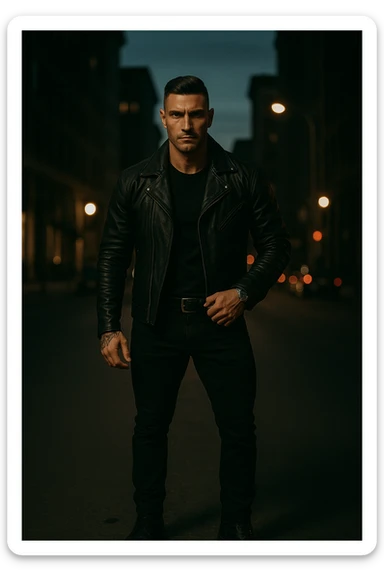 A confident, strong man standing in the middle of a city street at dusk, wearing a black leather jacket and boots, sharp jawline, intense gaze. Radiating masculine energy. Cinematic lighting, moody urban background, dramatic shadows, shallow depth of field. 35mm film style sticker