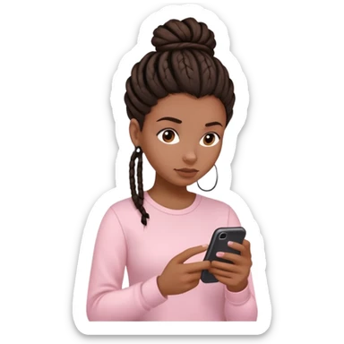 Dark brown woman wearing a light pink shirt and dreadlocks in bun texting on a Light pink phone sticker