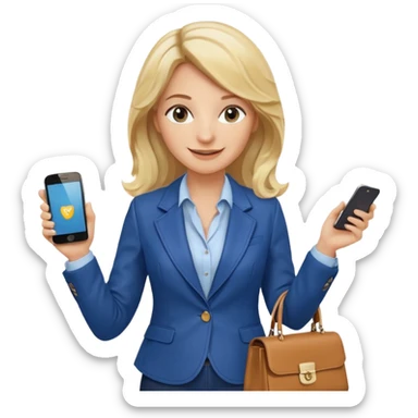 Confident and outgoing female entrepreneur, Caucasian features, medium-length wavy blonde hair, big friendly smile, expressive eyes, wearing a fitted blue blazer over a light blouse, holding a smartphone in one hand and a leather handbag in the other, waist-up, front-facing sticker