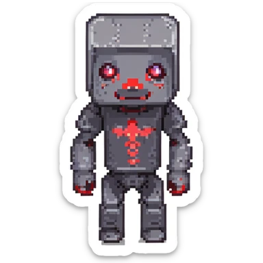 Turn this Minecraft character into pixel art style, keep the glowing red eyes and pose, with no background. sticker