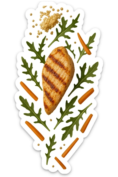 EMOJI STILE IPHONE DI quinoa e pollo con rucola e carote CHE CADONO VERTICALMENTE DALL'ALTO, iperrealistica 4k sticker