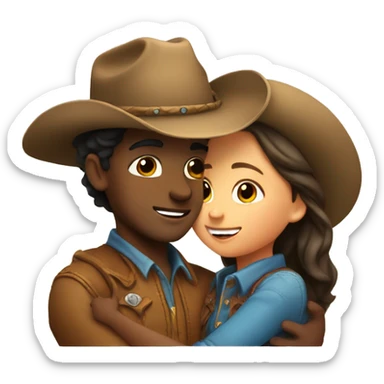 Girl and boy hugging, boy is wearing a cowboy hat sticker