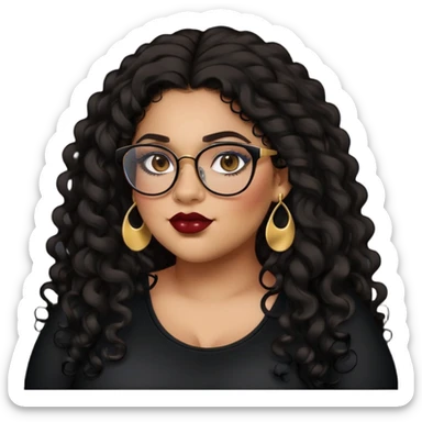 teen big plus size, latina, darker tan skin, gold earrings, long black curly hair, baddie,pretty, makeup, dark red lipgloss, black eyeliner, long hair, black top, black glasses sticker