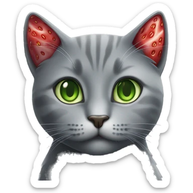 grey cat with green eyes with a strawberry sticker