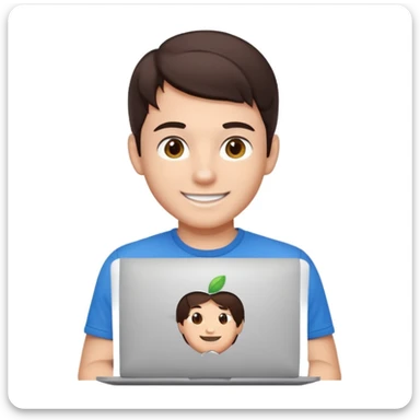 apple-style emoji of a young male software engineer, dark brown hair, hazel eyes, dimple, smiling and winking, tech t-shirt, using a MacBook with Apple logo, light gray background sticker