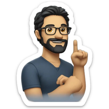 Handsome man with black hair and beard and glasses points his fingers to the number 4 sticker