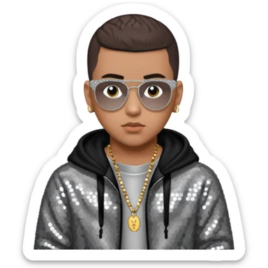 Bad Bunny, Puerto Rican Rapper with dark brown hair, gray sequin outfit sticker