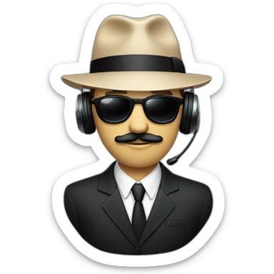 A man with a beige skin, a black suit, a tie, a fedora hat, headphones, black sunglasses and a mustache sticker