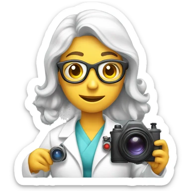 A pretty Scientist taking a photo with a big camera while wearing a lab coat sticker