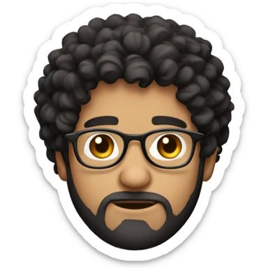 A Greek guy with black hair with curly hair and glasses and a beard sticker