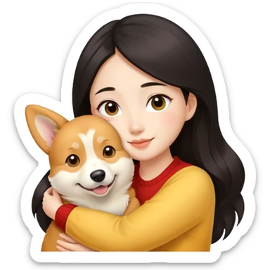 with long black brown hair,the chinese girl hugging a yellow corgi dog sticker