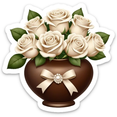 Ivory-colored love letter and a bouquet of white and pearl roses in a vintage-style brown vase sticker