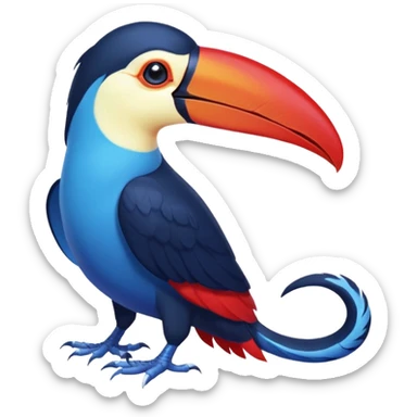 Blue tropical toucan-fakemon-bird, with red long beak, with a short blue lizard-tail curled inwards, Genshin Impact’s Dusk Bird sticker