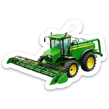 John Deere R4045 (2020) – Cinematic-realistic John Deere R4045 self-propelled sprayer, its green and yellow body gliding over rows of crops. Long booms extend across the field, misting a fine spray over the vibrant green plants, ensuring a healthy harvest under a bright blue sky. sticker