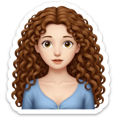 pale woman with brown curly very long hair, middle part. the hair is very long, waist length, but you can't see her waist sticker
