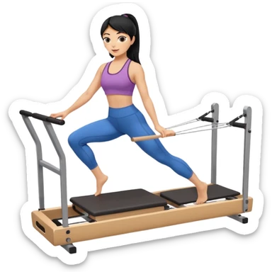 Mujer de pelo negro haciendo pilates en un reformer sticker