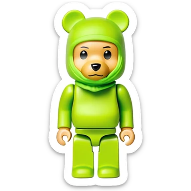 authentic bearbrick collectible figure with squared head and bear features, wearing a bright lime balaclava with defined thick eyebrows, toy design sticker