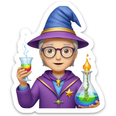 rainbow scientist with glasses, wearing wizard hat custome, with glass vase sticker