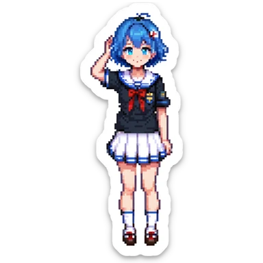Pixel art anime girl with short bright blue hair wearing Japanese sailor style school uniform, trying to look confident with hand on hip but shyly waving with other hand, blushing cheeks and avoiding eye contact sticker