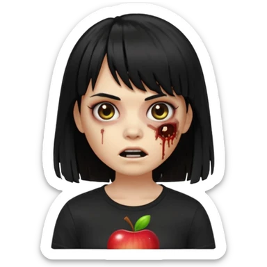 uma garota zumbi no formato Memoji da apple com o cabelo cumprido, preto liso e com franja, blusa preta sticker