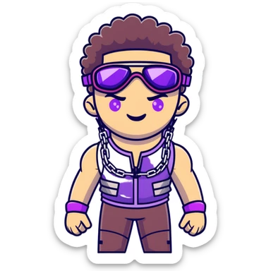 close-up of cool guy male athlete with white skin and moderately curly dark brown hair on top with shaved sides, with one purple ski goggle lens pushed up above his eyes on his forehead, sticking his tongue out of his mouth, wearing only a plain black chain necklace around his neck, and a completely unzipped sleeveless vest with purple and black sequin fire pattern design with no logo, clearly showing he is shirtless underneath with exposed chest and abs sticker