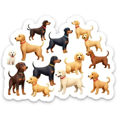 Collage of various dog breeds like Doberman, Poodle, Dachshund, and Golden Retriever, playing in a park with trees and grass. Some dogs run, others sit, all are full of energy and happiness. A joyful, colorful scene with playful expressions. Transparent background. sticker