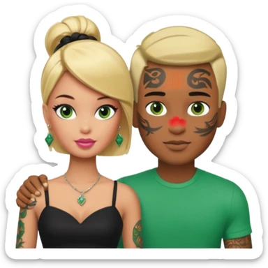 Brown skin blonde hair barbie with her boyfriend with black short hair and green eyes with tattoos sticker