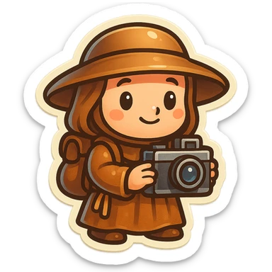 medieval pilgrim with a camera, chibi proportions, humorous, retro stickers style sticker
