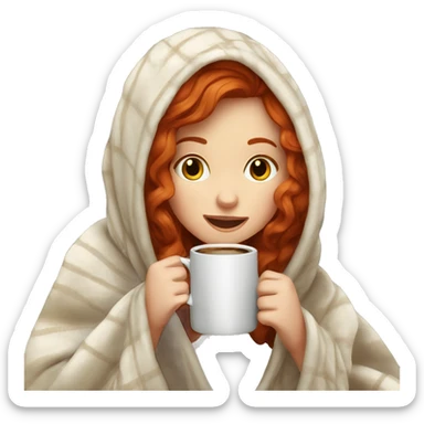 Redhead girl in cozy blanket drinking coffee  sticker
