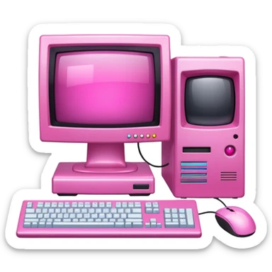 shiny pink transparent sparkly 90s computer with CRT monitor, keyboard, PC tower, mouse sticker