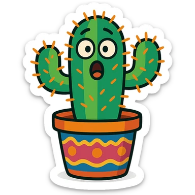 colorful cartoon cactus plant with spines, decorated pot, surprised expression sticker