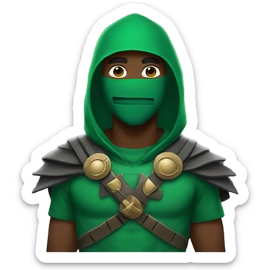 a black male with a green hoodie and maximus gladiator mask sticker