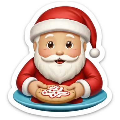 “A cute Christmas-themed Santa cookie, decorated with red and white icing, smiling face, sitting on a small plate, cartoon-style, vibrant colors, festive and cozy mood” sticker
