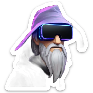 Gandalf wearing a black hoodie with "OMG" letters on it and VR headset in a cyberpunk VR environment with violet neon lighting. sticker