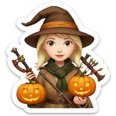 female human monster hunter emoji, wearing brown coat and hat, holding crossbow, soft smile, scarf, glowing pumpkin by her side, Halloween fantasy style, clean vector Apple emoji look, bright colors, white background, square sticker