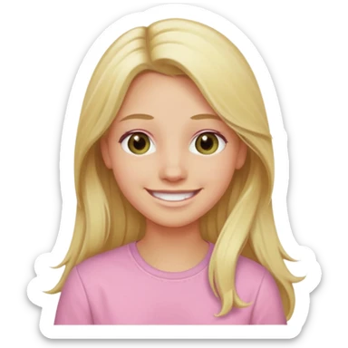 blonde with long hair and swamp-colored eyes, wearing a pastel pink shirt, smiling, iOS Apple emoji style sticker