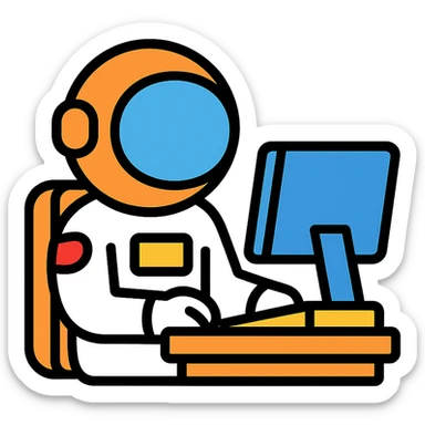 color outline icon of an astronaut at a computer, space theme sticker